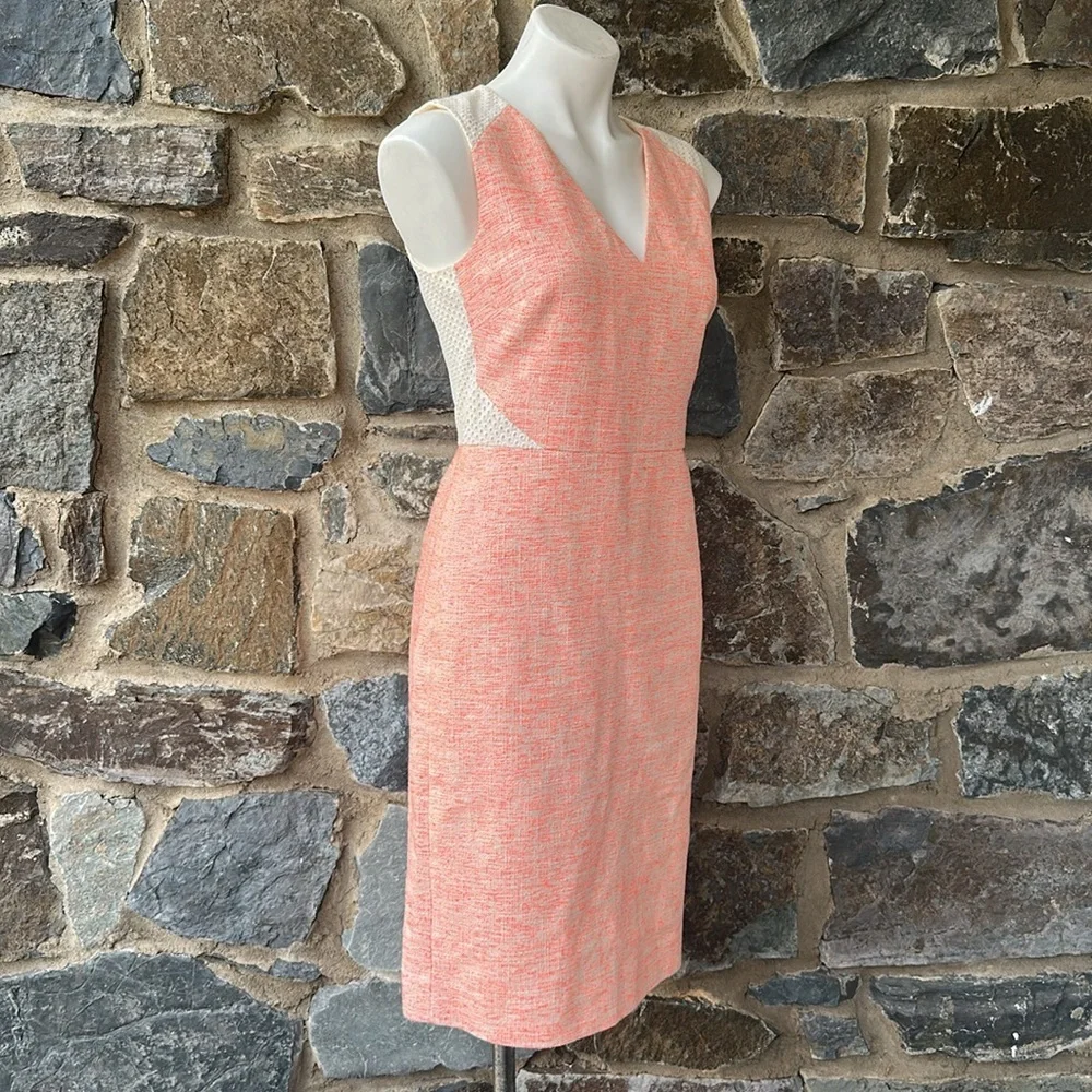 J.Crew Sleeveless Sheath Dress Coral Pink Tweed Size 4 V-Neck Lace Back Detail